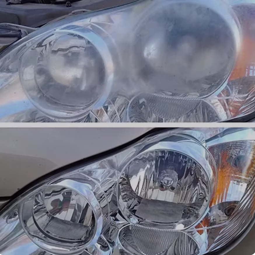 Before and after headlight restoration showing cloudy versus clear headlights