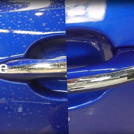 Blue car door handle with water spots before and after removal